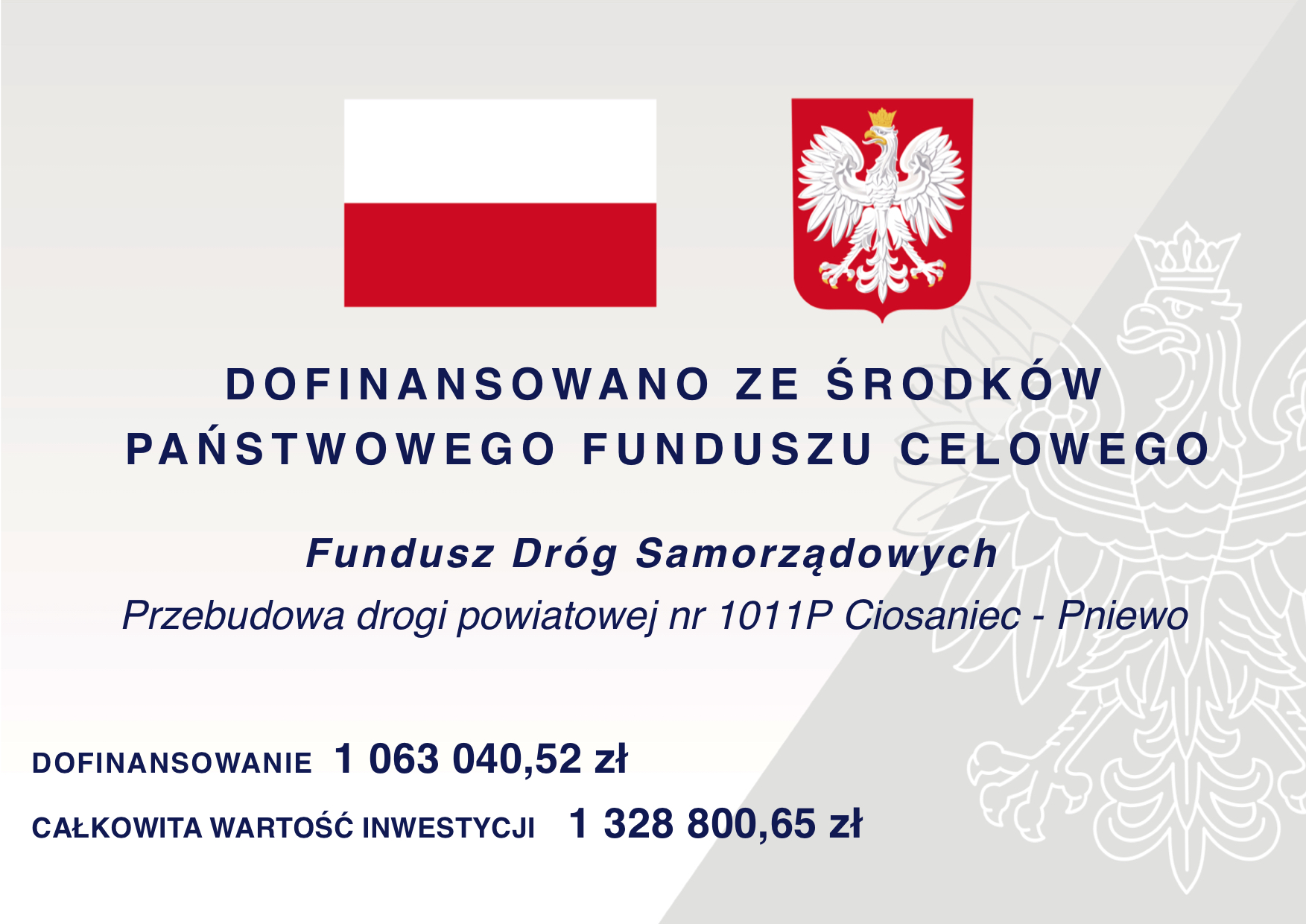 Plakat promujący projekt pn. „Przebudowa drogi powiatowej nr 1011P Ciosaniec-Pniewo” wykonany z udziałem środków pochodzących z Funduszu Dróg Samorządowych Plakat promujący projekt wykonany z udziałem środków FDS