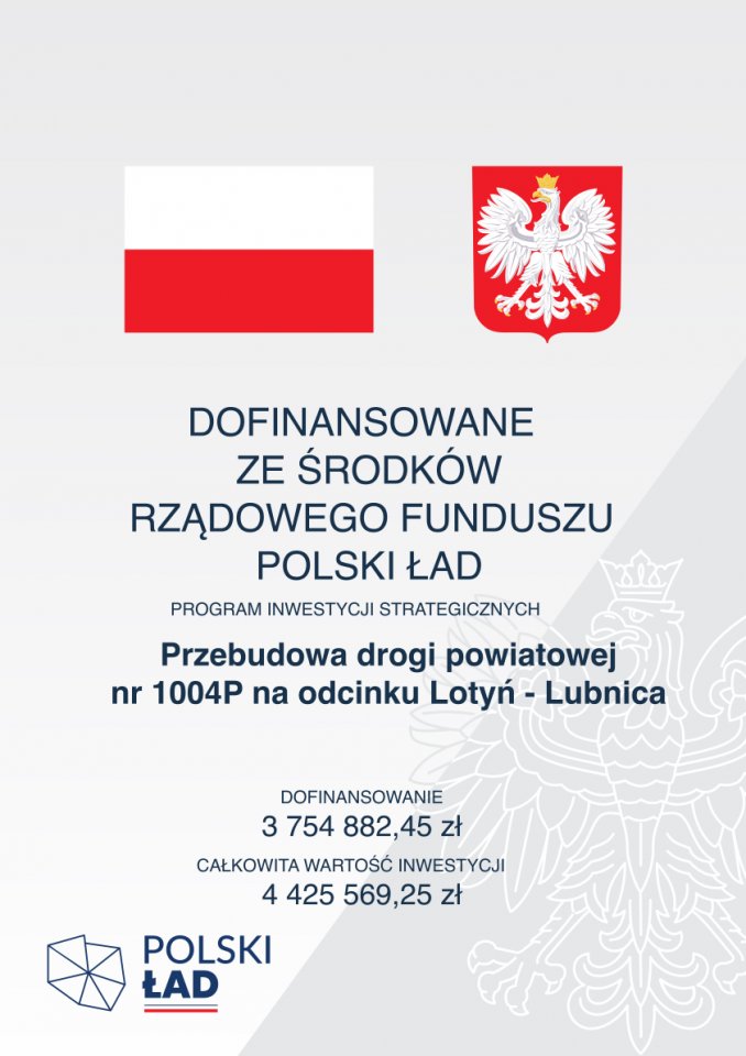 Przebudowa drogi powiatowej nr 1004P na odcinku Lotyń-Lubnica Plakat inwestycji
